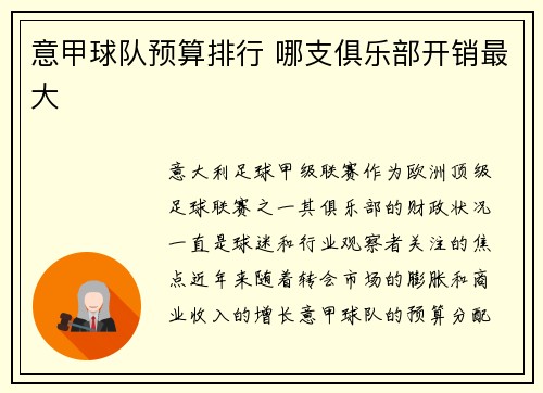 意甲球队预算排行 哪支俱乐部开销最大